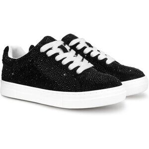 Women's Black Rhinestone Glitter Star Low Top Comfortable Walking Sneakers Shoes
